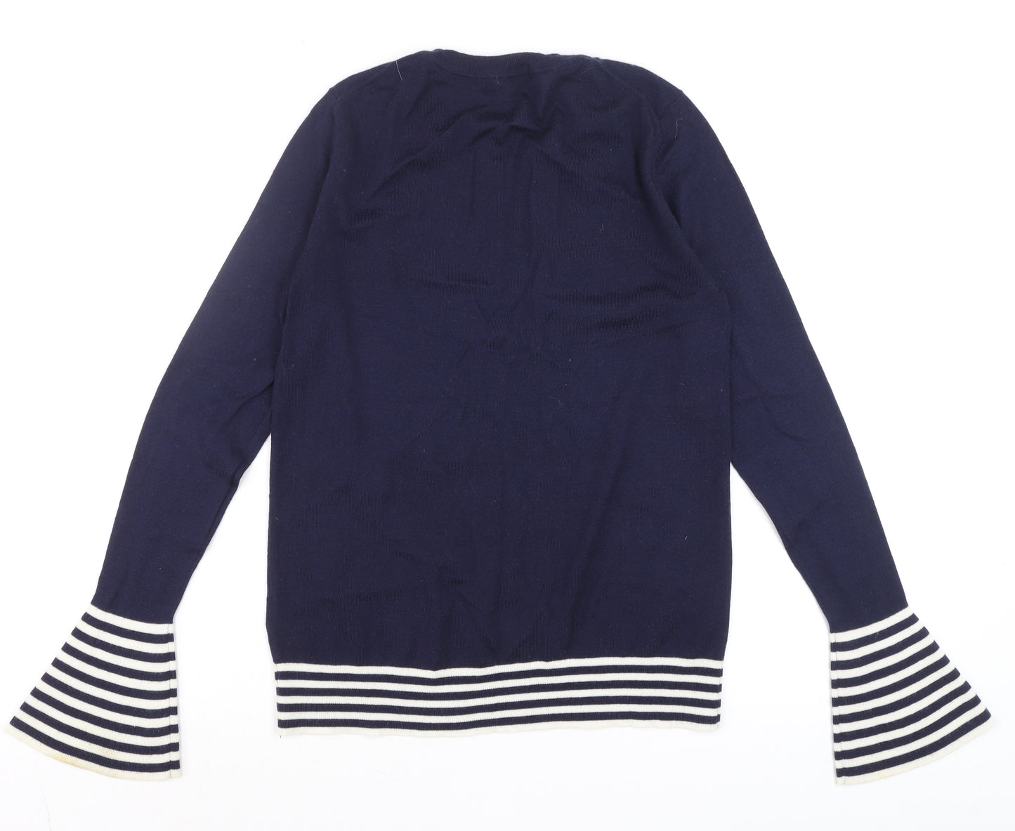 Boden Women Blue Wool Knit Long Sleeve Striped Flared Cuff Jumper UK 10