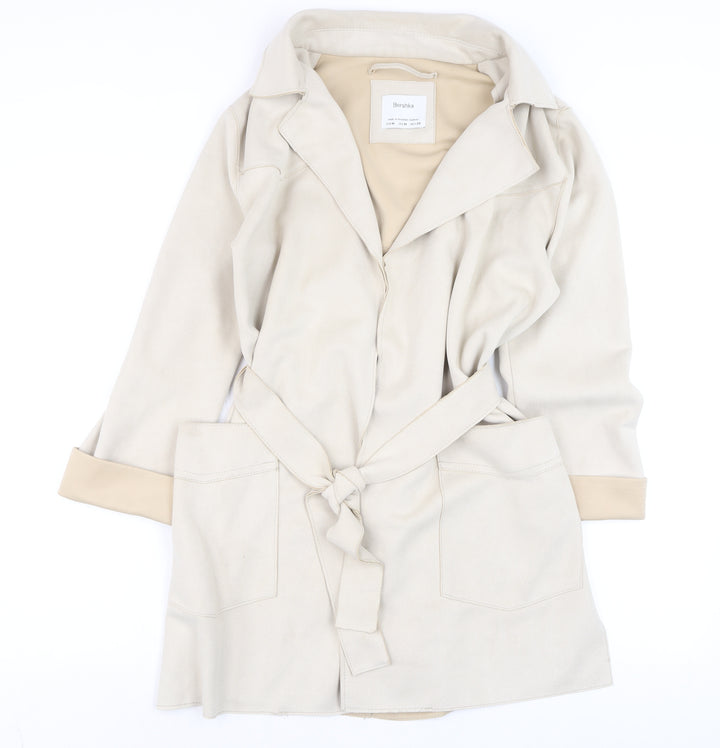 Bershka Women Beige Trench Coat Belted Mid-Length Size 12