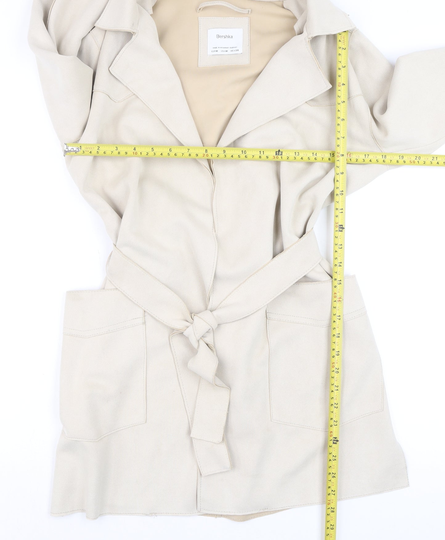 Bershka Women Beige Trench Coat Belted Mid-Length Size 12