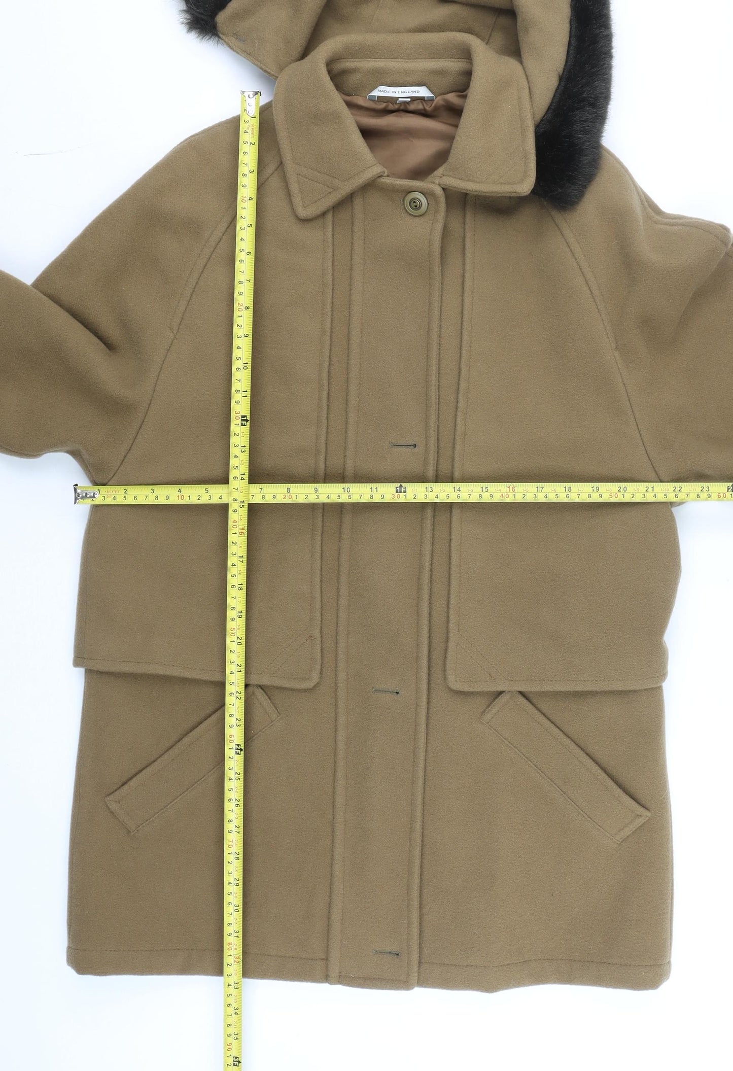 Dannimac Men's Brown Wool Overcoat M Hooded Mid-Length Winter Coat