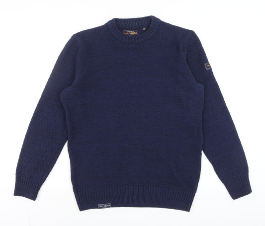 Ted Smith Men's Blue Cotton Acrylic Crew Neck Jumper Size M