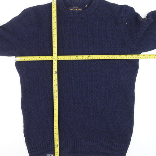 Ted Smith Men's Blue Cotton Acrylic Crew Neck Jumper Size M