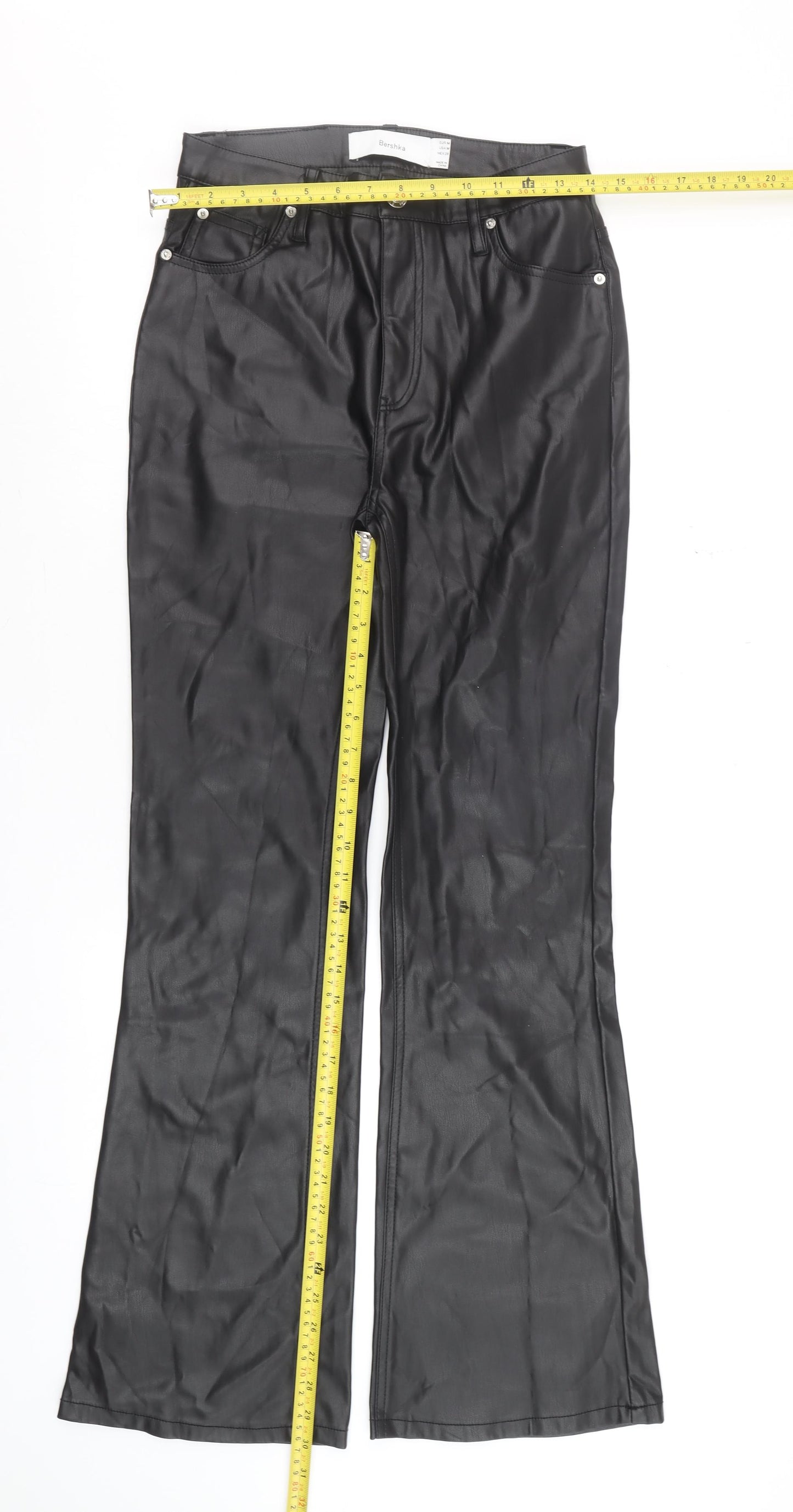 Bershka Women's Black Faux Leather Flared Trousers Size 12