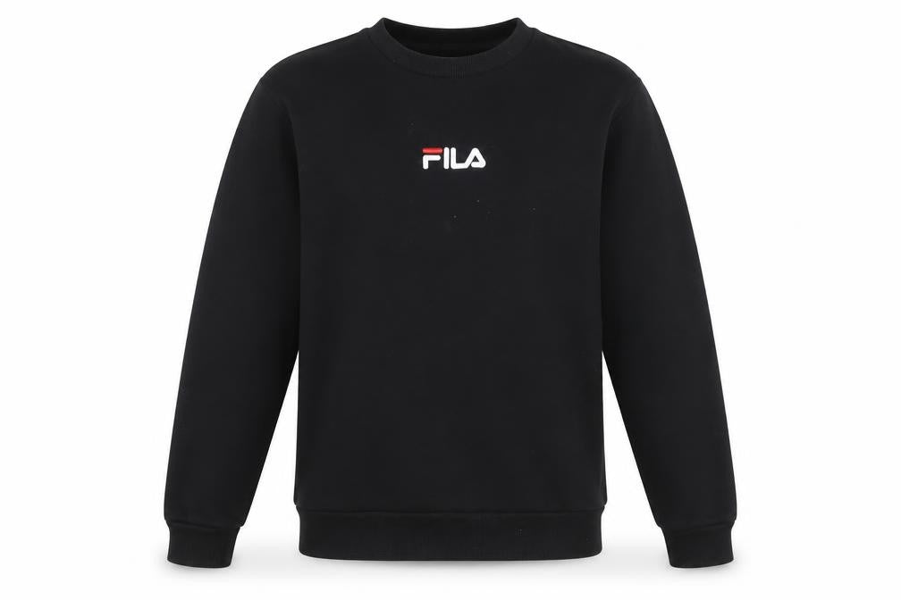 Front view of Fila Men's Black Crew Neck Logo Sweatshirt, size S, Regular Fit