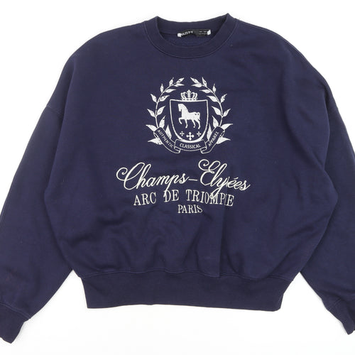 Bershka Men's Navy Blue Champs-Élysées Sweatshirt Size S