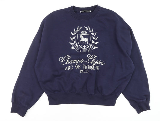 Bershka Men's Navy Blue Champs-Élysées Sweatshirt Size S