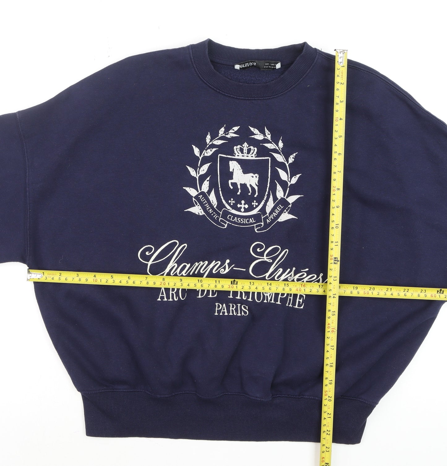 Bershka Men's Navy Blue Champs-Élysées Sweatshirt Size S
