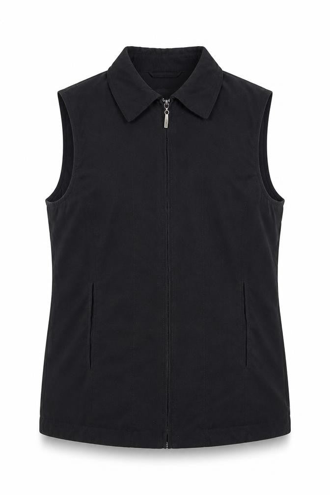 Front view of TIGI Women's Black Sleeveless Collared Zip Front Top, size 10