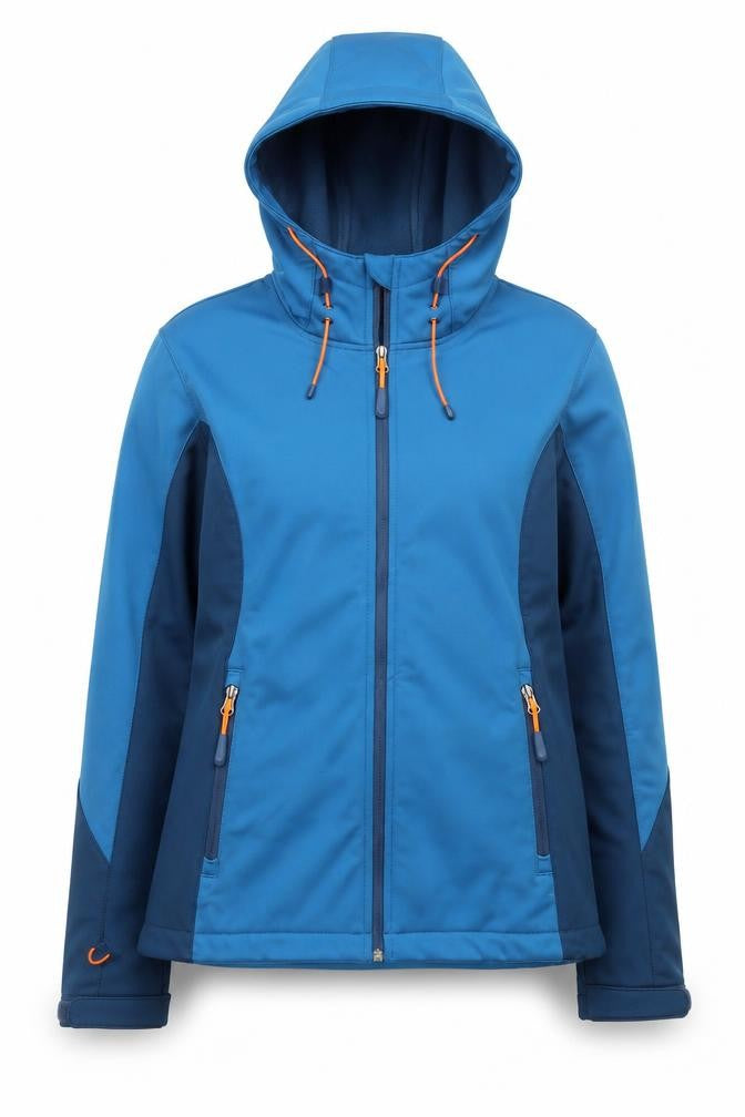Front view of KOKUE Women Blue Softshell Hooded Jacket M Outdoor Windproof