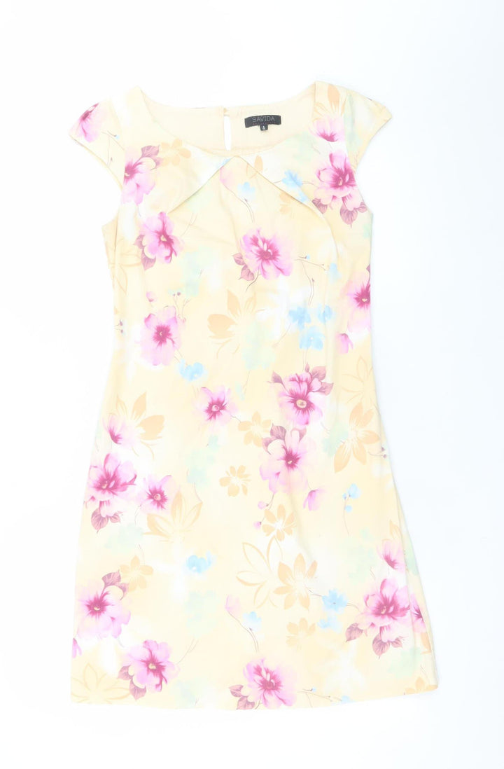 Savida Women Beige Floral Shift Dress Size 8 Short Sleeve