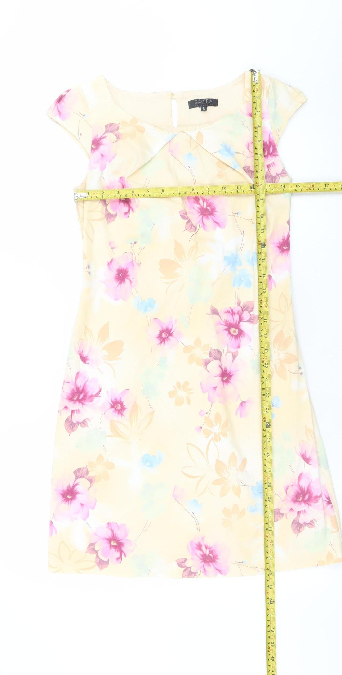 Savida Women Beige Floral Shift Dress Size 8 Short Sleeve