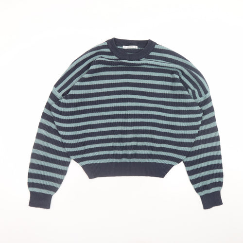 Pull&Bear Women's Blue Striped Crew Neck Cotton Knit Jumper Size 12