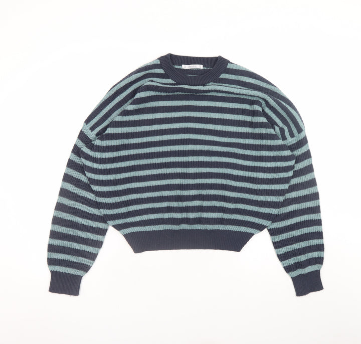 Pull&Bear Women's Blue Striped Crew Neck Cotton Knit Jumper Size 12