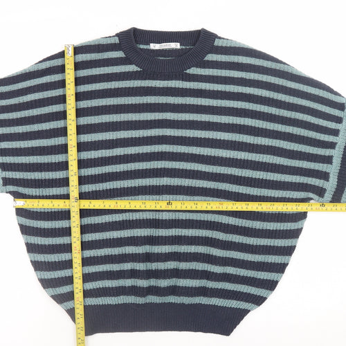 Pull&Bear Women's Blue Striped Crew Neck Cotton Knit Jumper Size 12