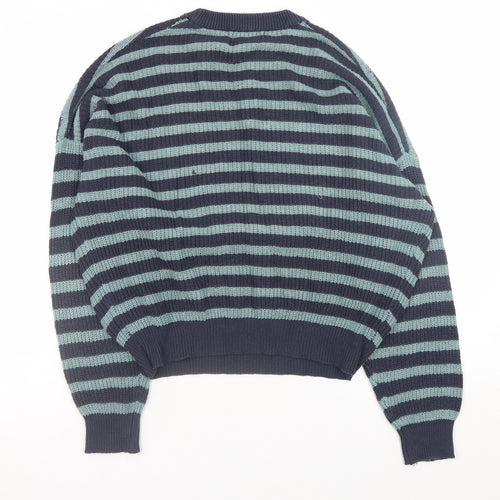 Pull&Bear Women's Blue Striped Crew Neck Cotton Knit Jumper Size 12