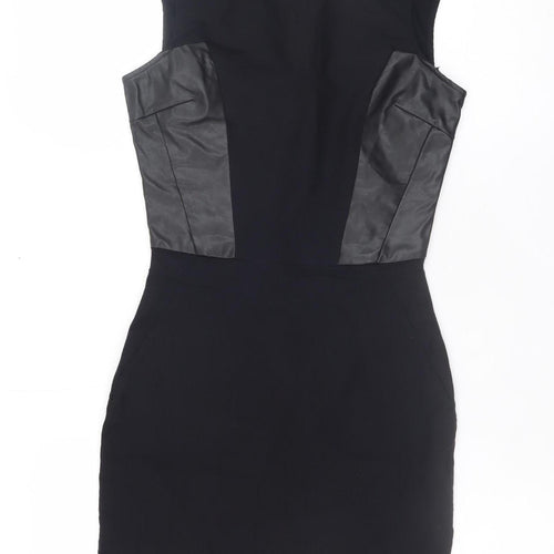 Bershka Women’s Black Sleeveless Bodycon Dress Size S Faux Leather Detail