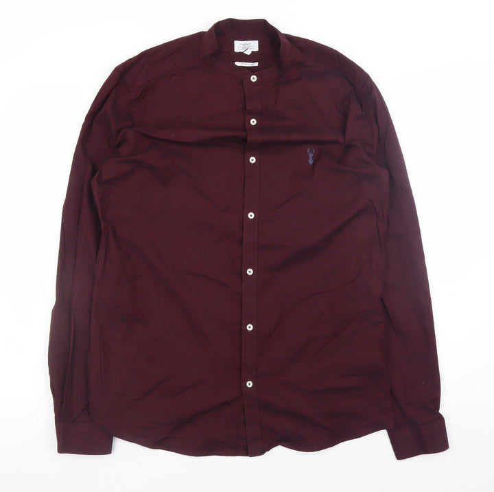 Next Mens Brown Slim Fit Long Sleeve Band Collar Shirt Size L
