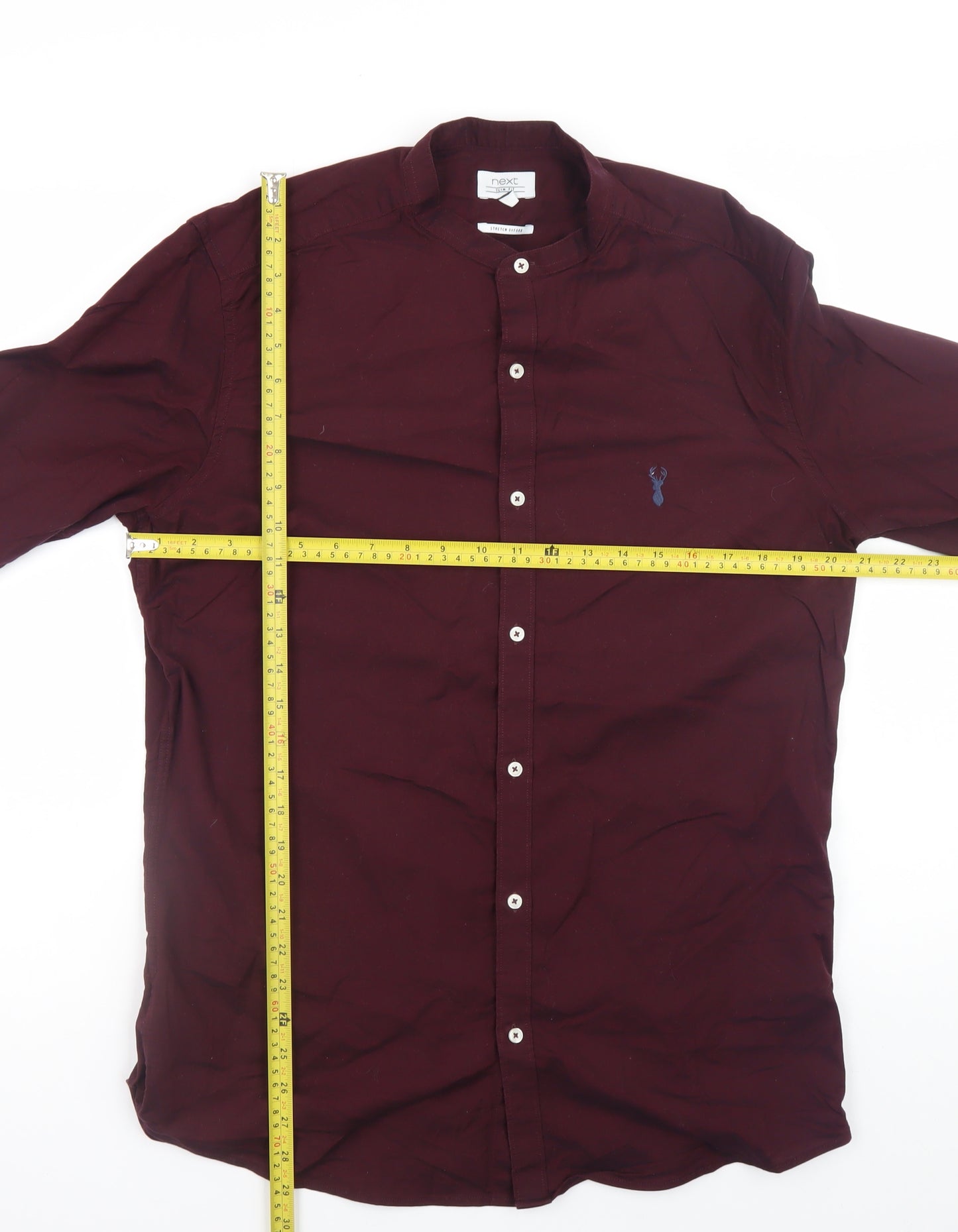 Next Mens Brown Slim Fit Long Sleeve Band Collar Shirt Size L