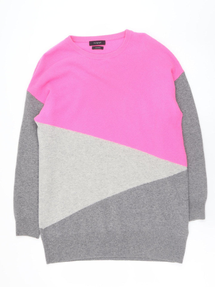 Marks and Spencer Women Pink Grey Colourblock Cashmere Jumper Size M