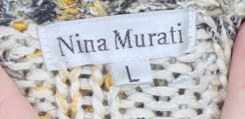 Nina Murati Women Beige Chunky Knit Button Cardigan L Relaxed Fit