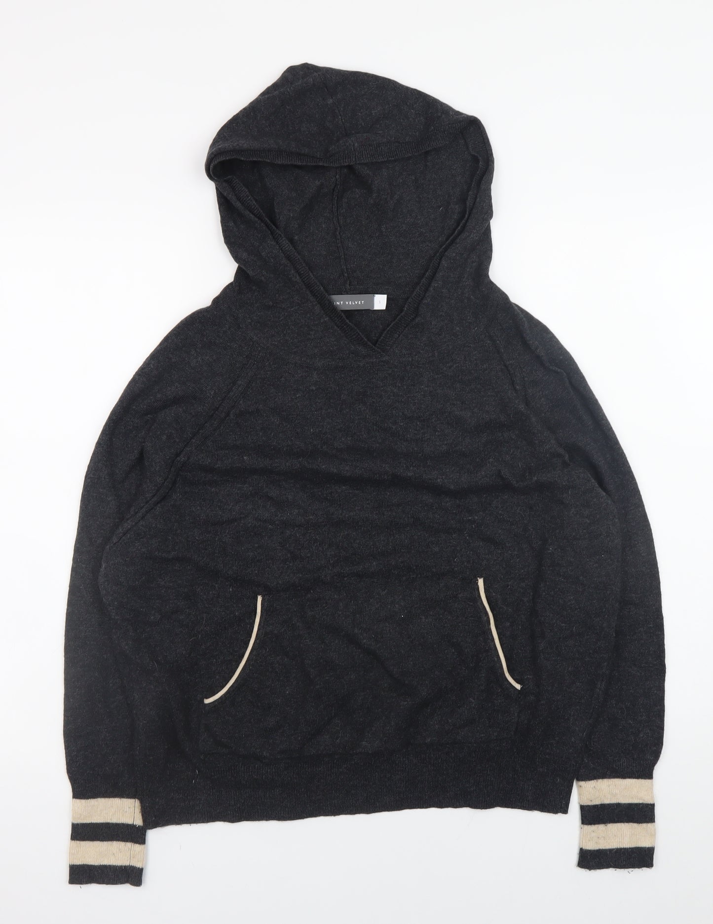 Mint Velvet Women Black Small Hooded Star Knit V-Neck Pullover Jumper