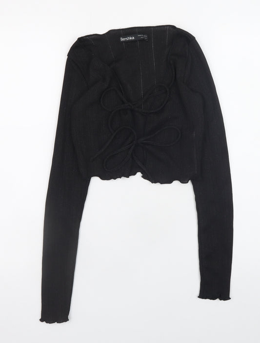 Bershka Women Black Cropped Knit Long Sleeve Tie Blouse XS
