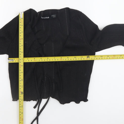 Bershka Women Black Cropped Knit Long Sleeve Tie Blouse XS