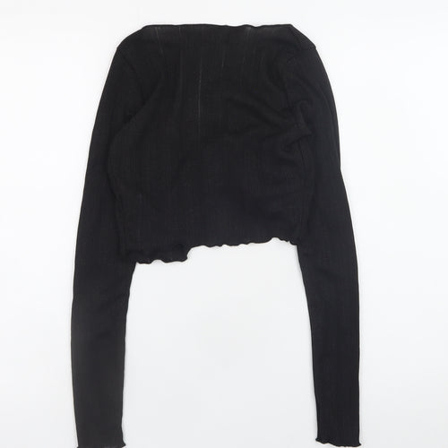 Bershka Women Black Cropped Knit Long Sleeve Tie Blouse XS