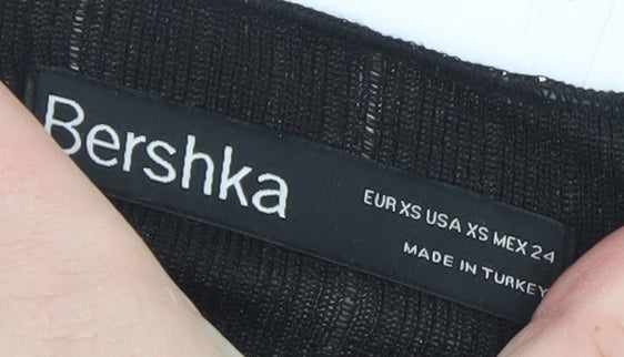 Bershka Women Black Cropped Knit Long Sleeve Tie Blouse XS