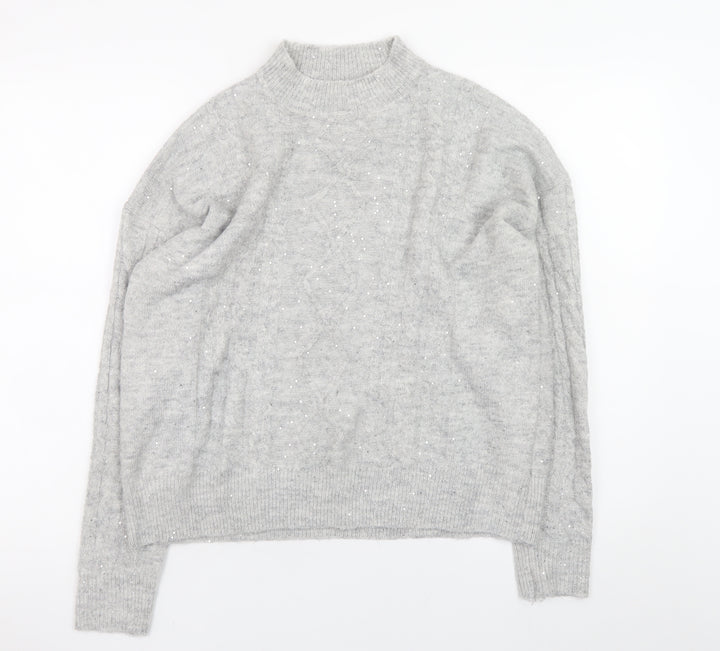Apricot Womens Grey Mock Neck Sequin Cable Knit Jumper UK 12