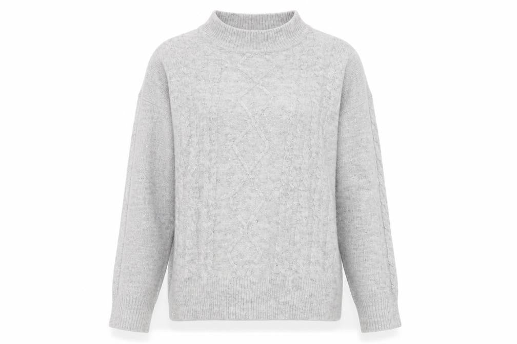 Front view of Apricot women’s grey mock neck sequin cable knit jumper uk 12