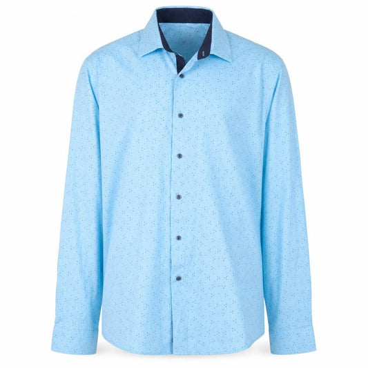 Front view of Ben Brown Men Blue Long Sleeve Regular Fit Cotton Blend Button-Up Shirt, size L