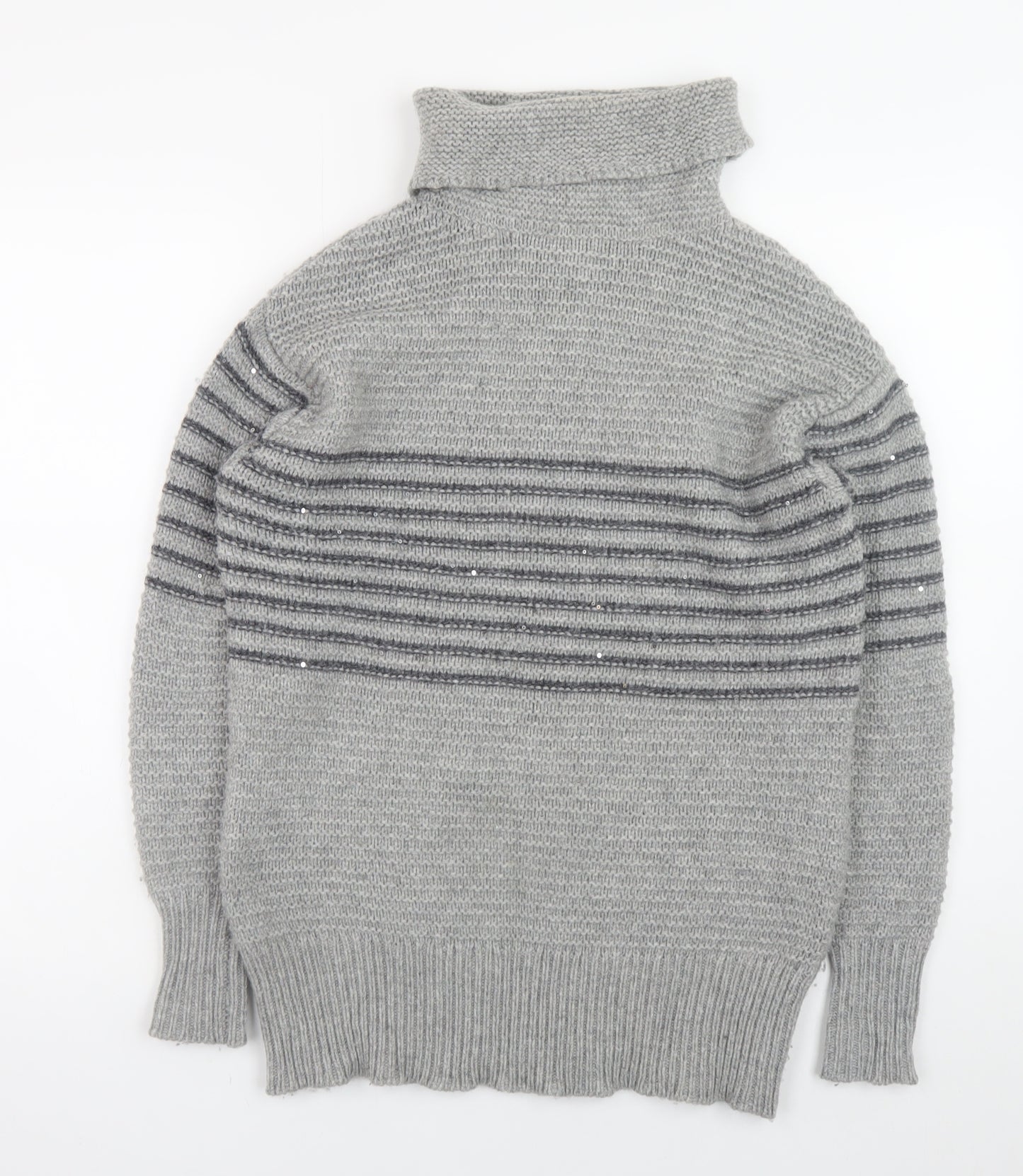 Paul Costelloe Living Women’s Grey Striped Roll Neck Merino Wool Jumper XS