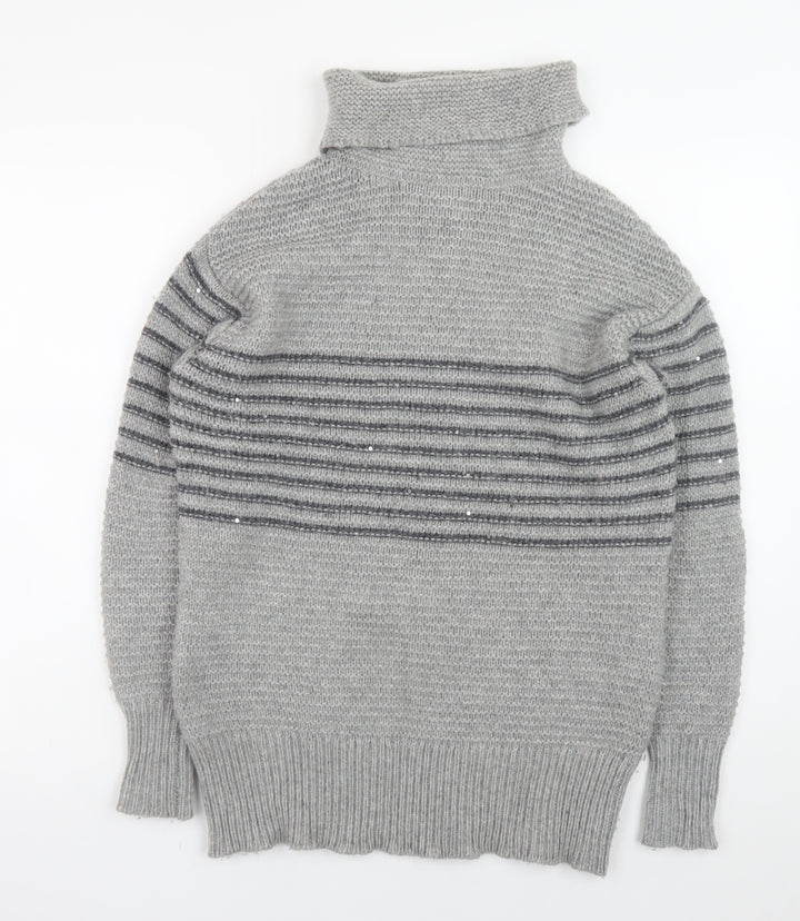 Paul Costelloe Living Women’s Grey Striped Roll Neck Merino Wool Jumper XS