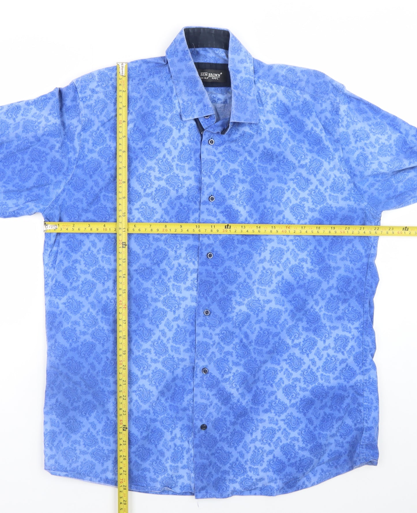 Ben Brown Men's Blue Paisley Cotton Long Sleeve Button-Up Shirt L