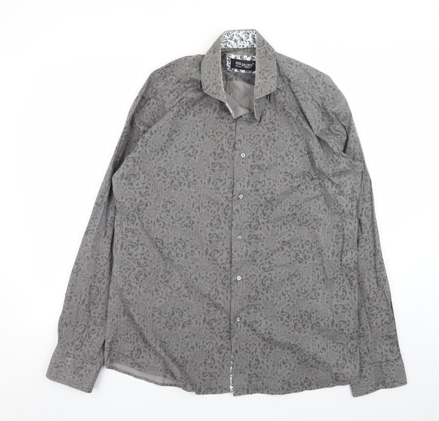 Ben Brown Men's Grey Geometric Cotton Long Sleeve Button-Up Shirt Size L