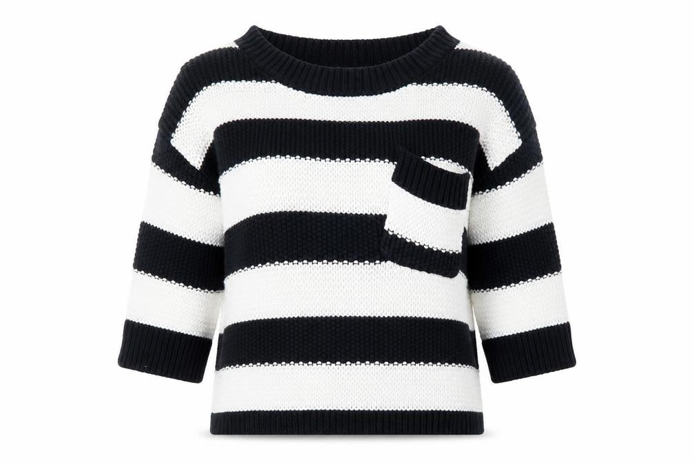Front view of Next women’s black & white striped cotton jumper, size UK 12