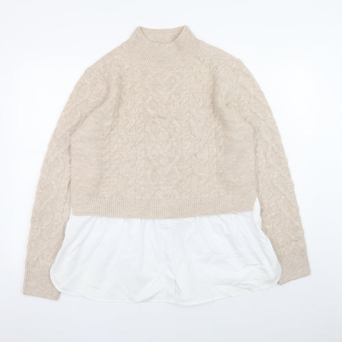 New Look Women's Beige High Neck Cable-Knit Pullover Jumper UK 16