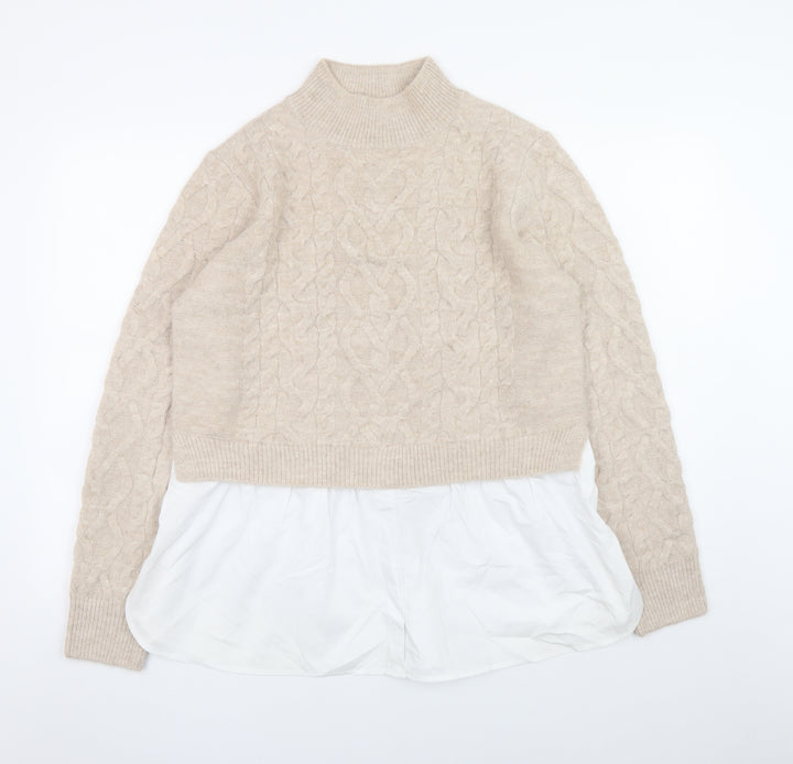 New Look Women's Beige High Neck Cable-Knit Pullover Jumper UK 16