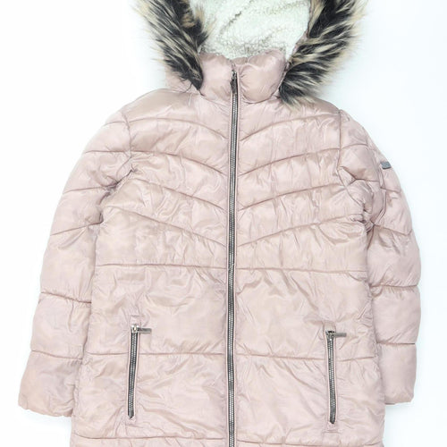 Next Girls Pink Hooded Long Puffer Coat 8 Years Faux Fur Trim Winter Jacket