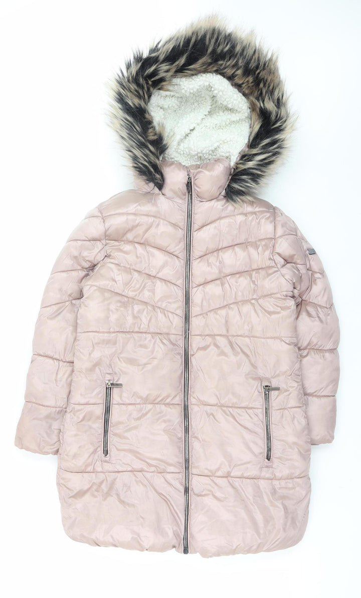 Next Girls Pink Hooded Long Puffer Coat 8 Years Faux Fur Trim Winter Jacket