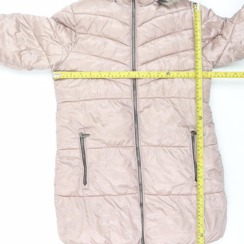 Next Girls Pink Hooded Long Puffer Coat 8 Years Faux Fur Trim Winter Jacket