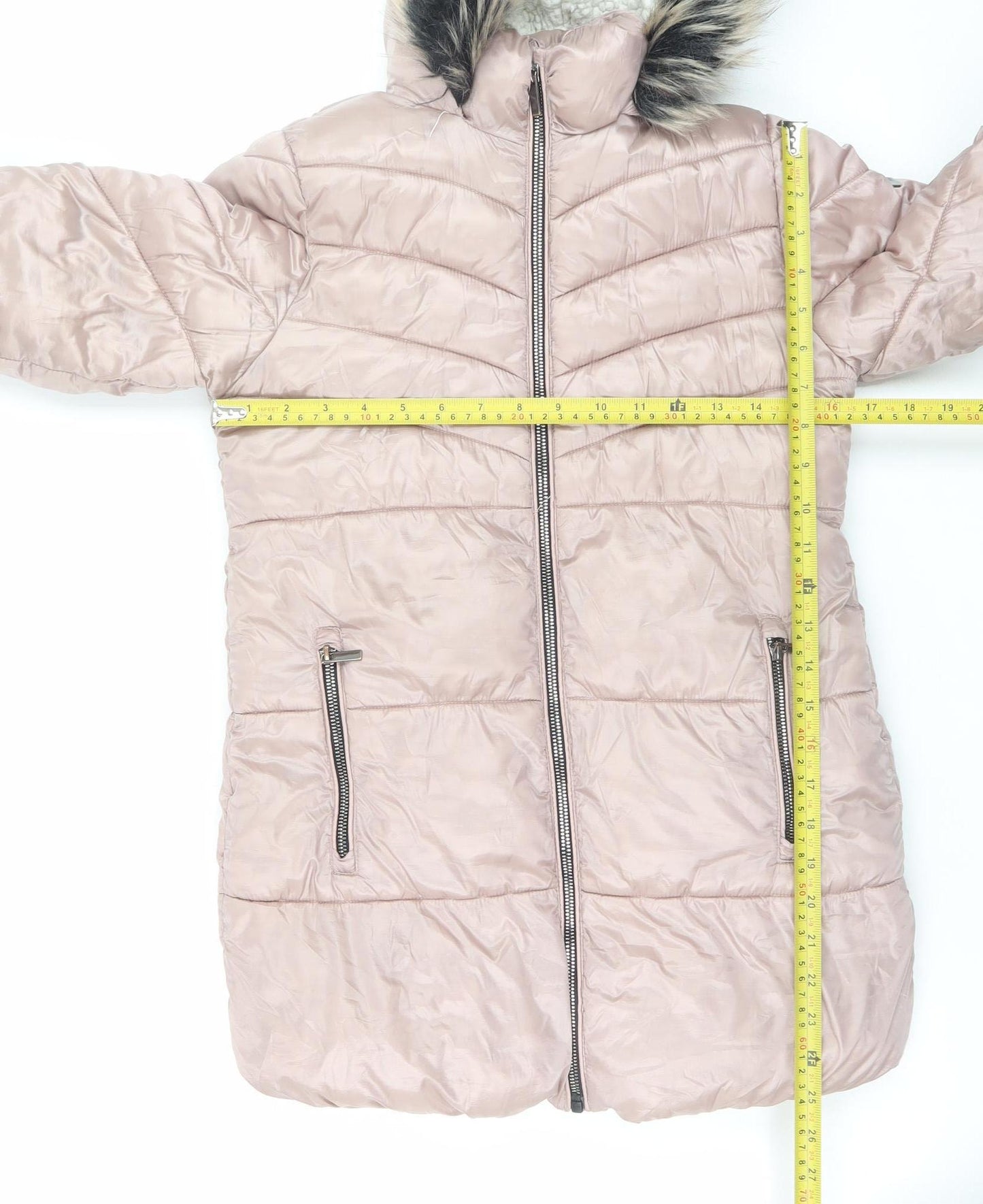 Next Girls Pink Hooded Long Puffer Coat 8 Years Faux Fur Trim Winter Jacket