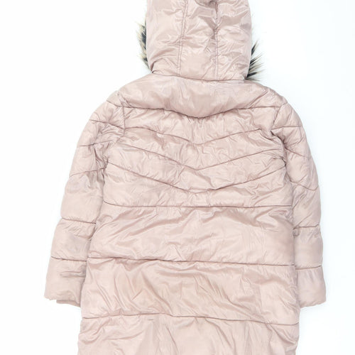 Next Girls Pink Hooded Long Puffer Coat 8 Years Faux Fur Trim Winter Jacket