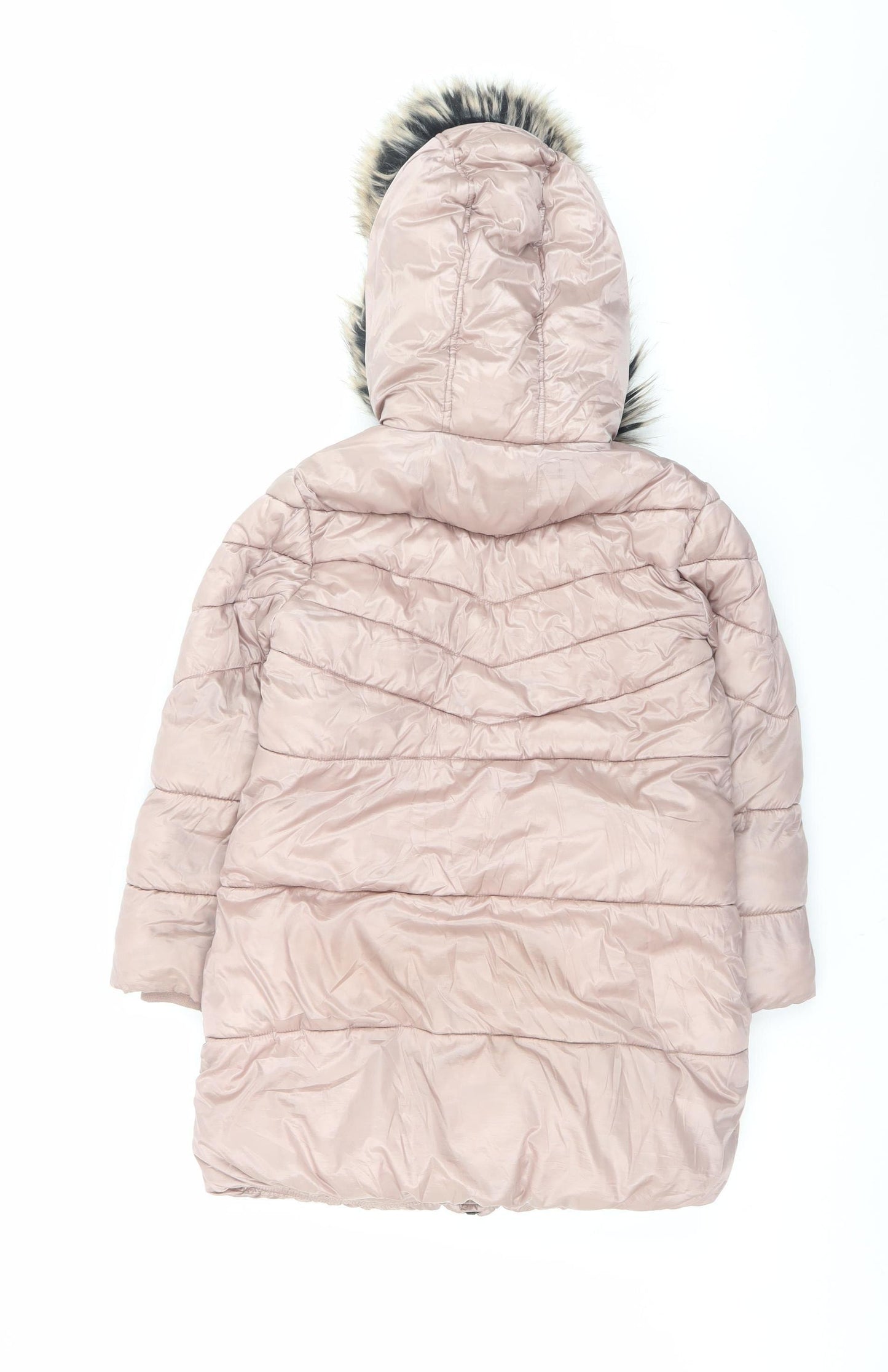 Next Girls Pink Hooded Long Puffer Coat 8 Years Faux Fur Trim Winter Jacket