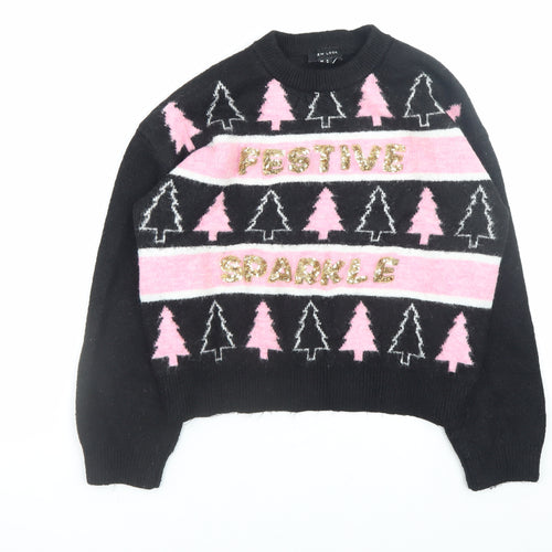 New Look Women's Black Pink Festive Sparkle Jumper Medium