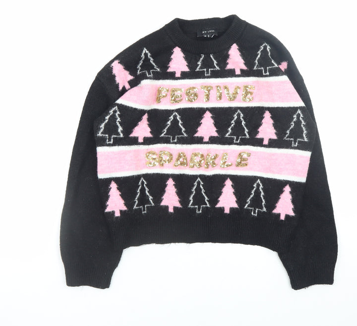 New Look Women's Black Pink Festive Sparkle Jumper Medium