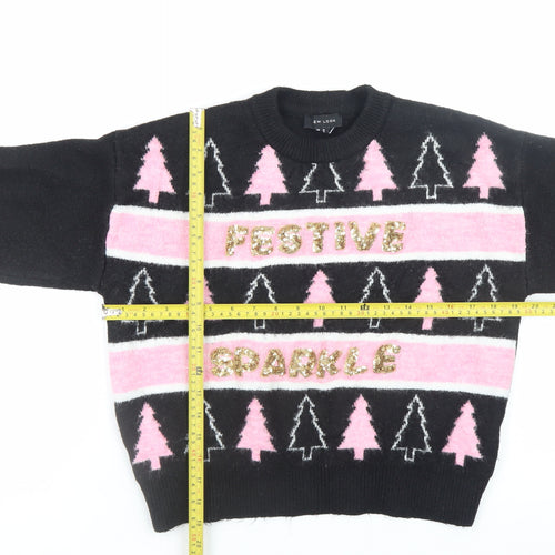 New Look Women's Black Pink Festive Sparkle Jumper Medium