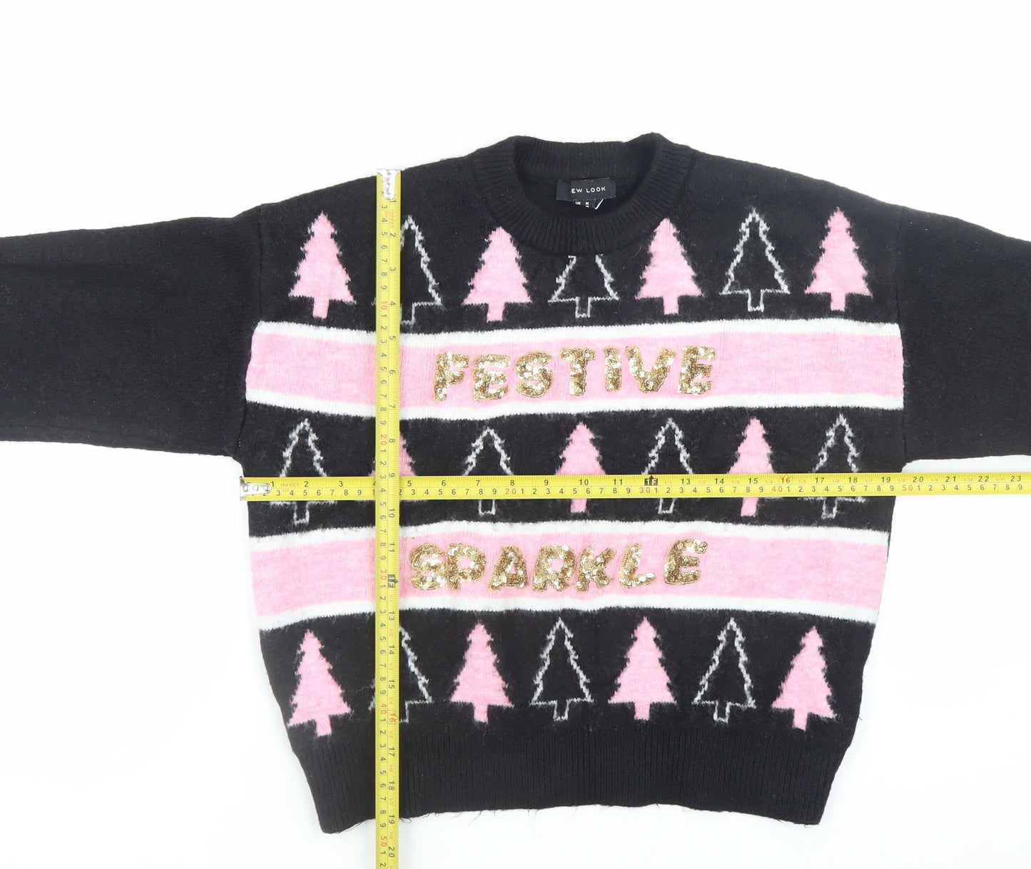 New Look Women's Black Pink Festive Sparkle Jumper Medium
