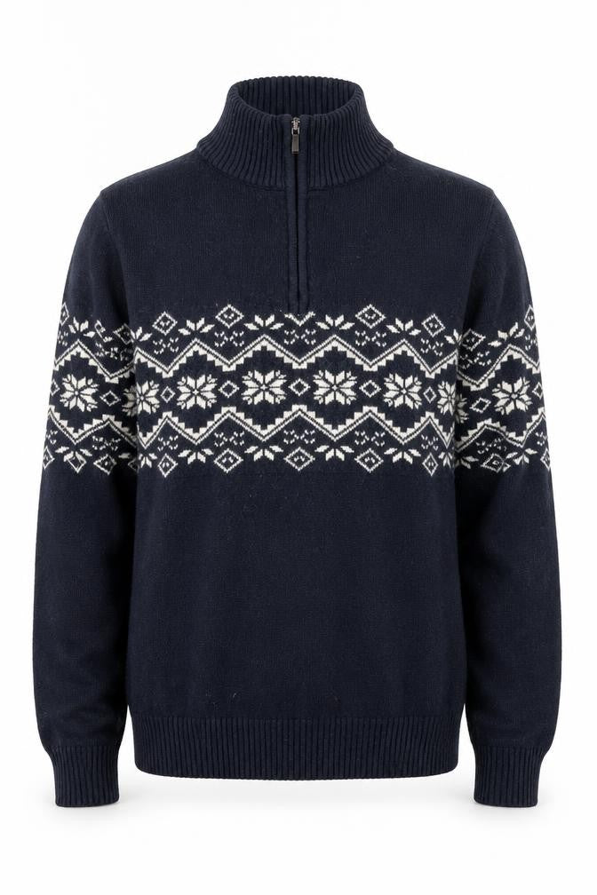 Front view of Brice Men's Blue Fair Isle 1/4 Zip Wool Blend Winter Pullover XL